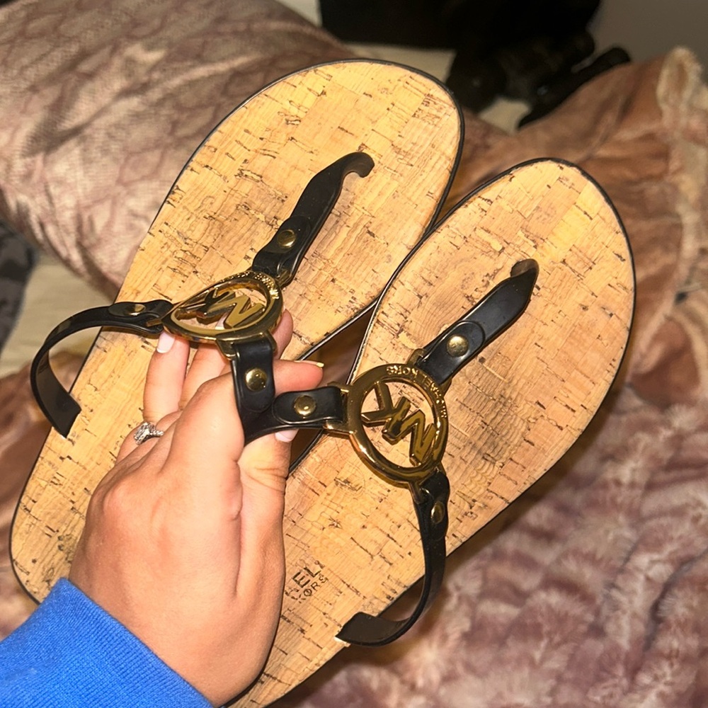 Micheal Kors cork sandals black and gold detailing worn once or twice size 6
